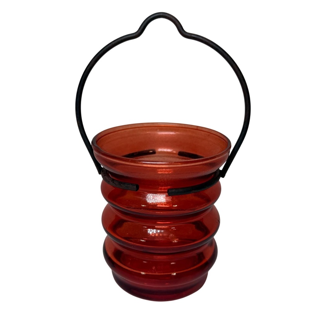Vintage Red Beehive Ribbed Glass Votive Candle Holder Wrought Iron Wire‎ Handle
